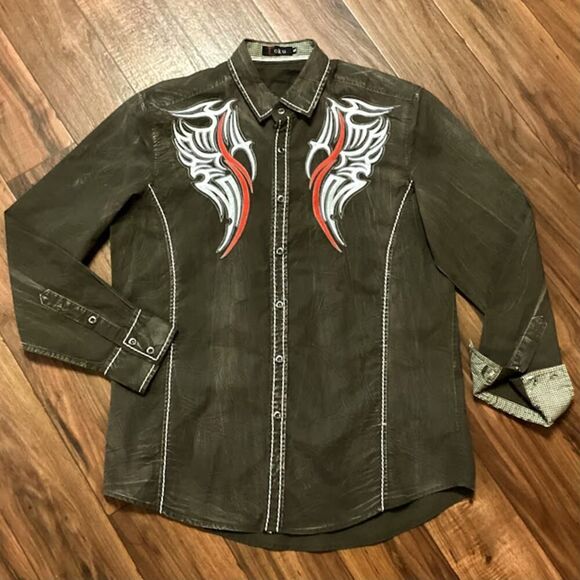 Toku Long Sleeve Button Down Embellished Western Shirt in Washed Brown XL - Picture 3 of 10